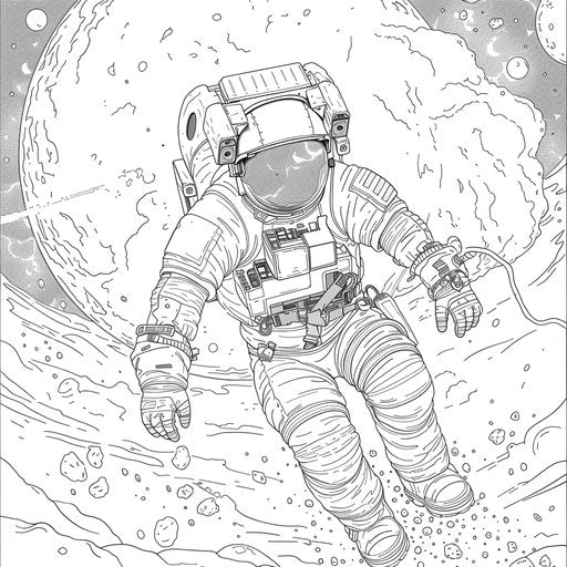 Space exploration with astronauts and planets in the style of a Hideo Kojima coloring book