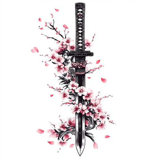 Japanese samurai tattoo sketch with sakura blossoms