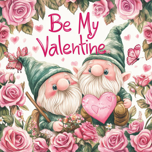 3 gnomes in pink roses, hearts, and butterflies with the text 'Be My Valentine'