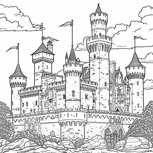Medieval castle with towers and flags. Coloring book page
