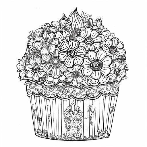 Floral and paisley cupcake, coloring book page