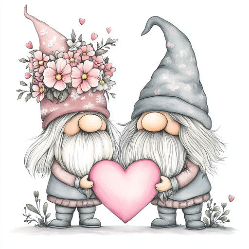 Valentine's Day gnomes with hats full of flowers