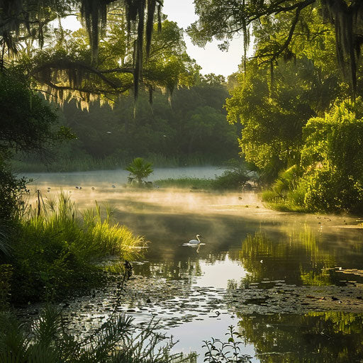 Serene crane habitat at sunrise