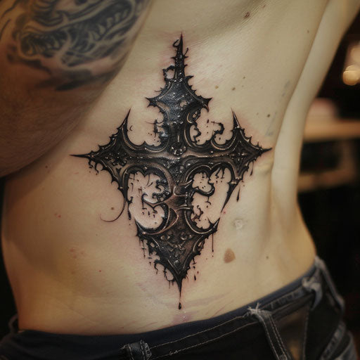 Rib tattoos of a gothic cross, in the style of Gerald Brom