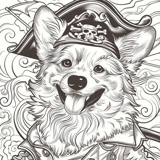 A whimsical corgi dressed as a pirate with a hat and eye patch. Coloring book page