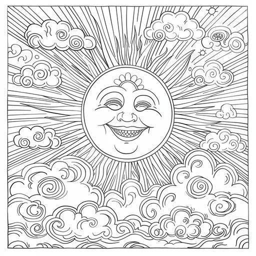 Smiling sun and puffy clouds, joyful scene