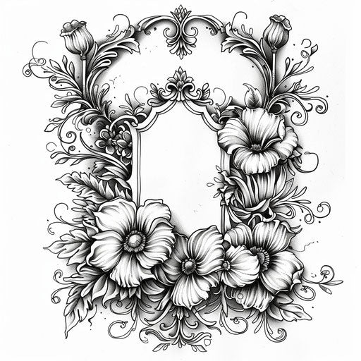 Flat tattoo sketch of a wedding invitation bordered by vintage floral designs
