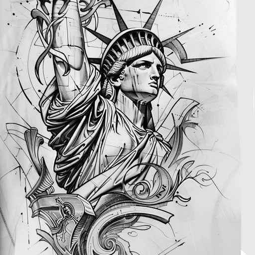 Art Nouveau Tattoo Sketch of Statue of Liberty with Flowing Lines