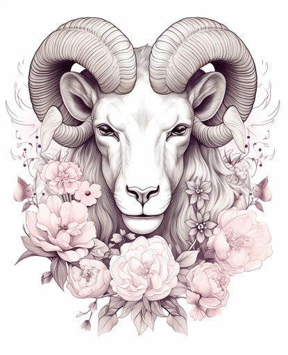 Ram tattoo with floral designs, feminine style