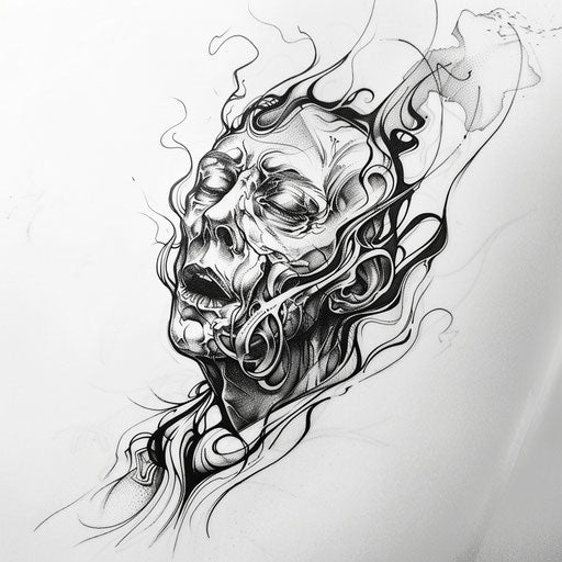 Dynamic flat tattoo sketch of a shrunken head with abstract swirling smoke
