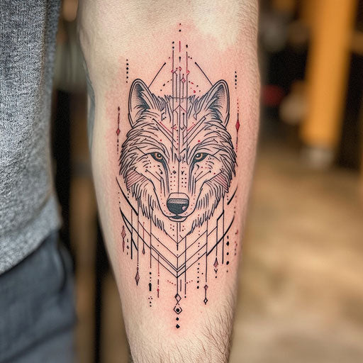Tribal wolf tattoo in the style of Guy Aitchison with abstract geometric patterns and glowing accents