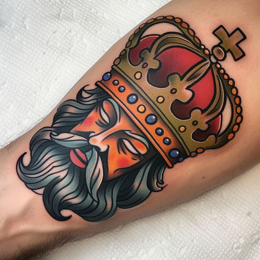 Illustrative king crown tattoo with cartoonish features and bold colors