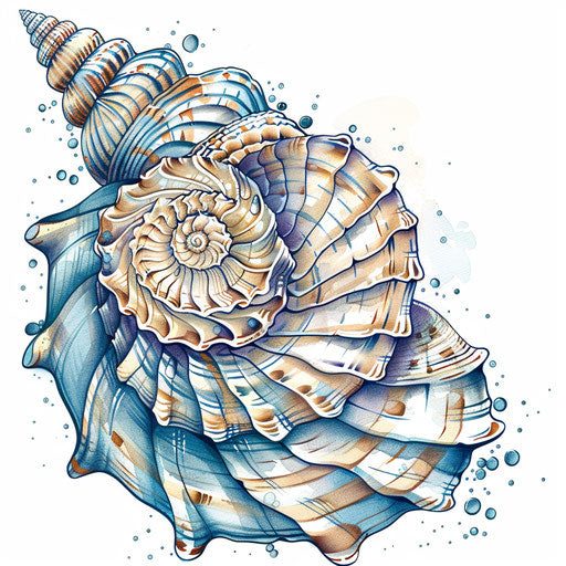 Exotic flat tattoo sketch of a seashell spiral, sandy beiges and ocean blues, clipart design