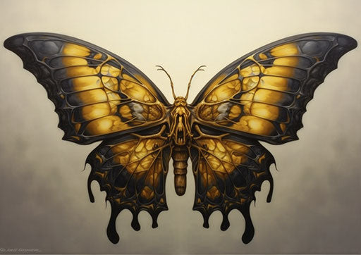 Butterfly with skull in dark yellow watercolor style