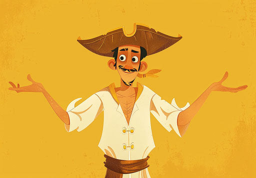 Cartoon pirate man with brown hat and white shirt