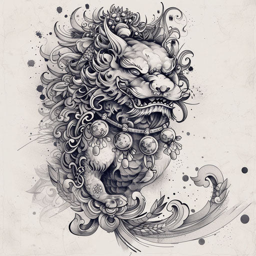 Fantasy foo dog tattoo on white canvas