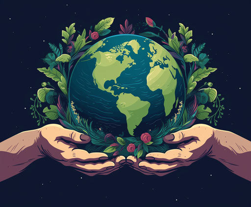 Two hands holding earth with vines