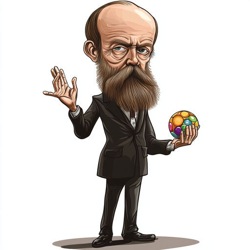 Humorous caricature of a Fyodor Dostoevsky playing with a toy