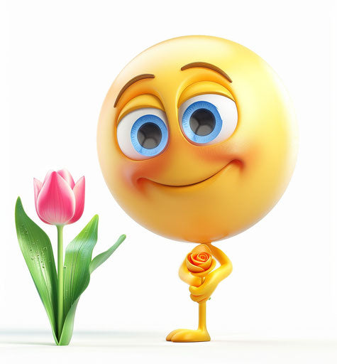 Happy face holding a rose on isolated white background