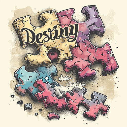 Playful puzzle with a piece floating away, 'Destiny'