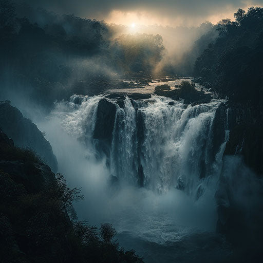 Athirapally Falls with dramatic lighting and misty ambiance