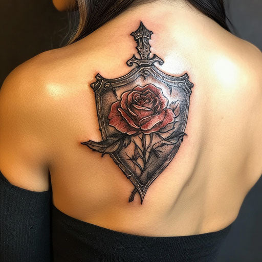 Rose tattoos for women with an armor-like shield on the shoulder in the style of Adrian Smith