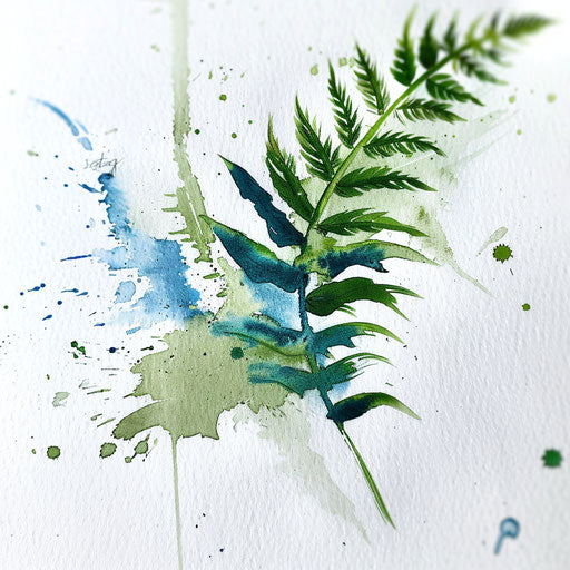 Fern watercolor tattoo design, green and blue splashes