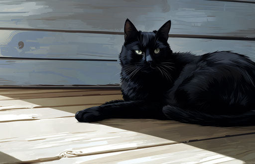 The black cat on the wooden deck