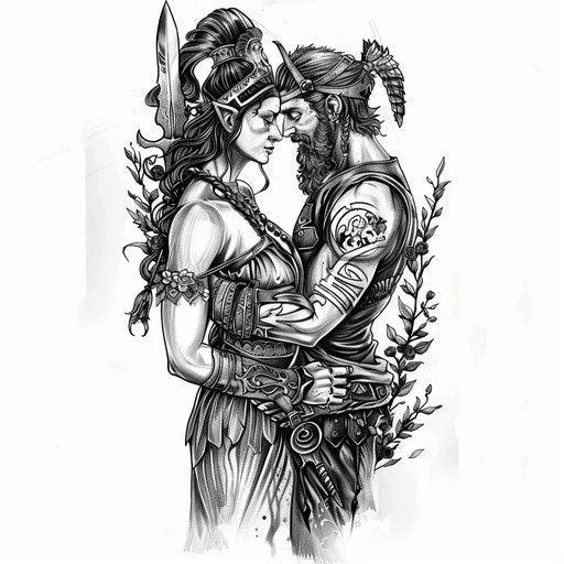 The loving embrace of Zeus and Hera among symbols of their domains in a romantic yet powerful tattoo design.