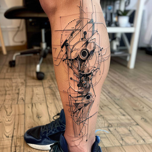 Calf tattoo with mechanical elements, Adrian Smith style