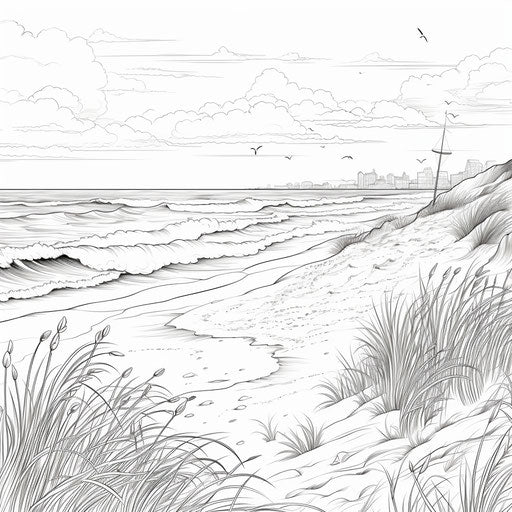 Printable beach coloring pages for kids, realistic depiction of light, expansive, stylish