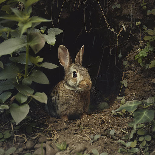 Wild rabbit emerging from a burrow in a wild garden