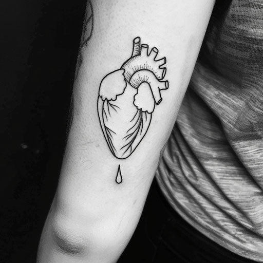 Minimalist flat tattoo sketch of a heart crying a single tear, in bold black