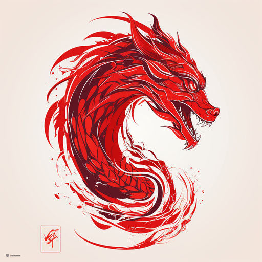 Minimalist red dragon tattoo design, tribal style, white background
