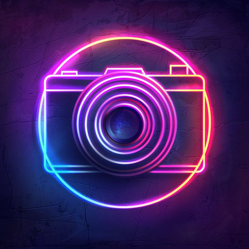 Retro photography logo with neon colors on dark background