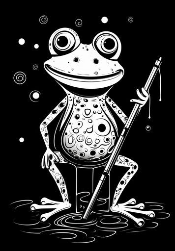 A drawn frog playing with a fishing rod