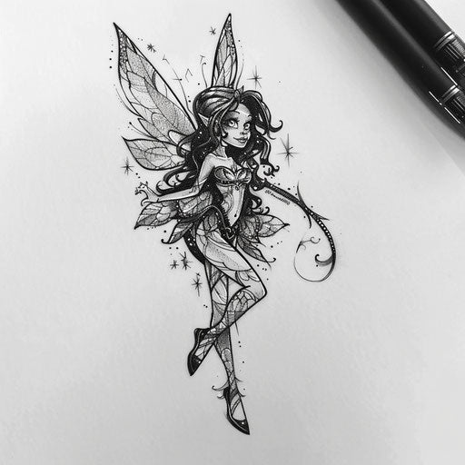 Whimsical flat tattoo sketch of an obsidian fairy