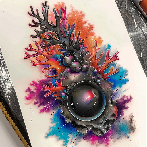 Black pearl surrounded by colorful coral