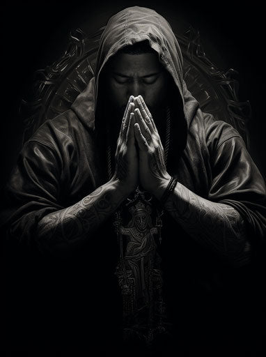 Black praying tattoo, zbrush style, canon 7, snail
