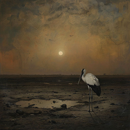 A stork in a dry landscape by the last watering hole