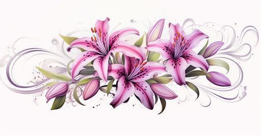 Drawing of flower depicting lilies, in light magenta and green style, tattoo 102:53
