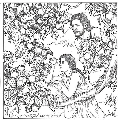 Adam and Eve hiding among the trees after eating the forbidden fruit. Coloring book page