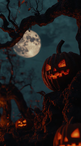 Spooky Halloween background with an old tree, dark sky, and pumpkins
