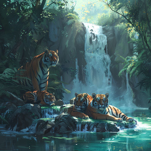 A family of tigers resting by a tranquil waterfall
