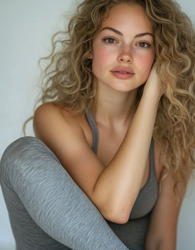 Close-up portrait of a woman sitting on the floor, looking at the camera