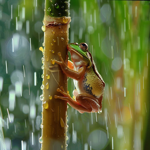 Frog on a bamboo stalk in a gentle rain