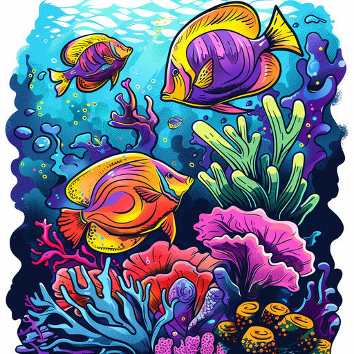 Vibrant sketch of a tropical fish tattoo swimming in coral reefs, bright colors, clipart flat style