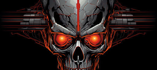 Skull with eerie red eye on forehead, strong linear elements, dark silver and light orange