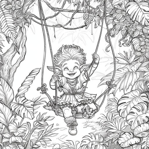 A playful elf swinging on a vine in a lush jungle