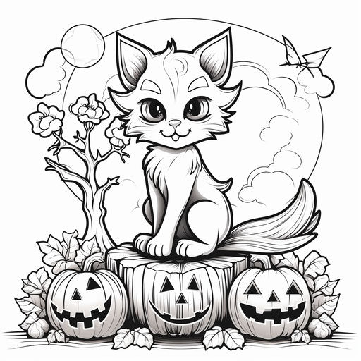 Halloween cat coloring page on pumpkin in comic book style